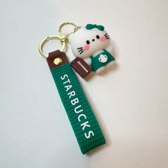 Starbucks Hello Kitty Keychain Green Apron Book Sanrio Collab Strap - Picture 4 of 7